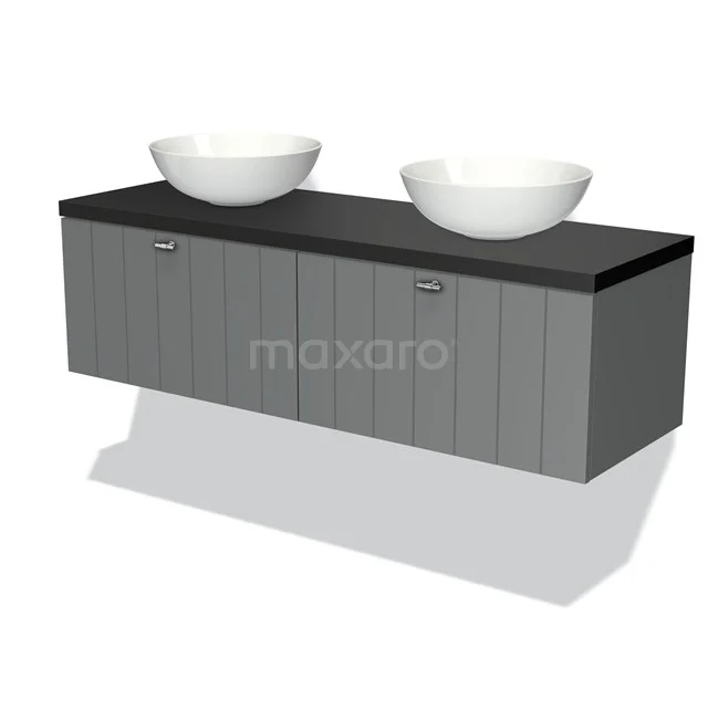 Graues Holz-Badmöbel mit zwei weißen, schalenförmigen Waschbecken und schwarzer Arbeitsplatte, modernes Design für stilvolle Bäder.