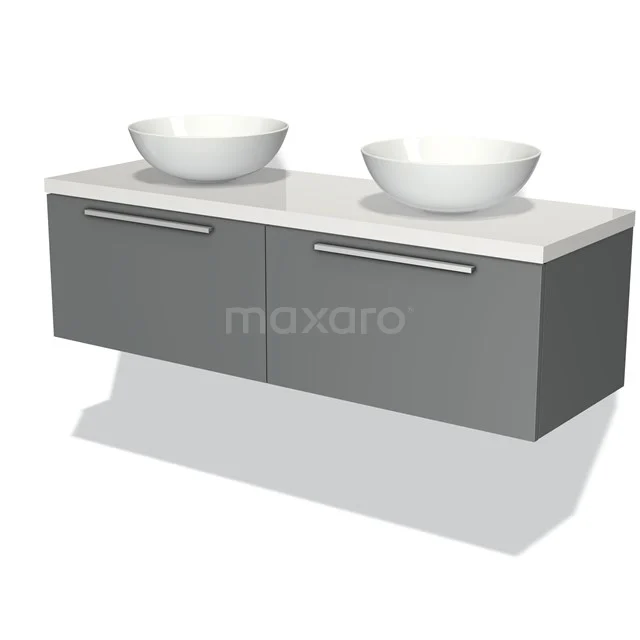 Badmöbel für Waschtischunterschrank mit Konsole 140cm Modulo Plato Mittelgrau 2 Schubladen Flach Hochglanz Weiß Platte BMK12-00559 Graue Badezimmerunterkonstruktion mit Doppelwaschbecken, modernes Design, weiße Keramikkörper und schlichte metallene Haltegriffe.