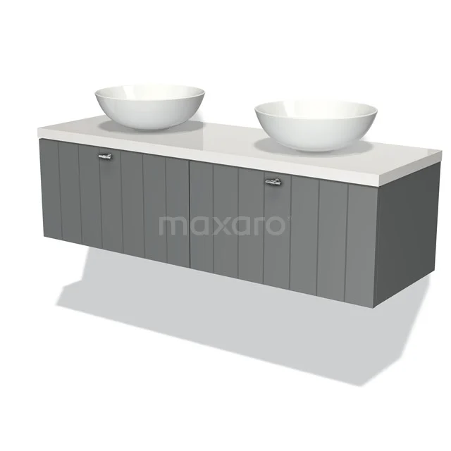 Graue Badmöbelset mit doppeltem Aufsatzwaschbecken, vertikaler Linienstruktur, Wandmontage und modernem Design.
