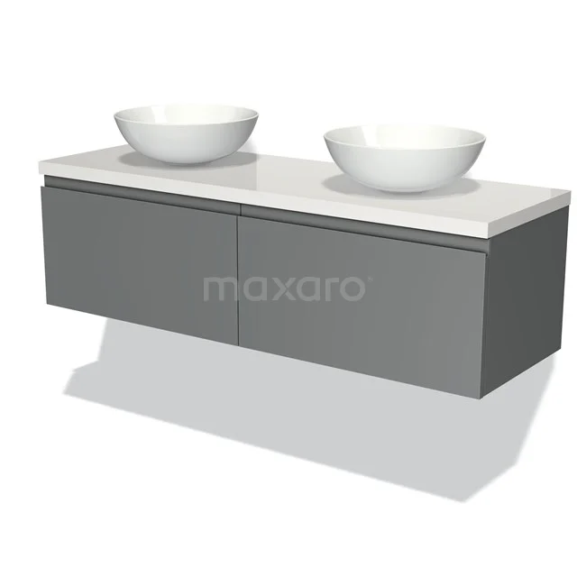 Graue schwebende Badmöbelset mit Doppelschubladen, zwei weißen Aufsatzwaschbecken und einer keramischen Platte, perfekt für moderne Bäder.