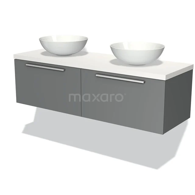 Badmöbel für Waschtischunterschrank mit Konsole 140cm Modulo Plato Mittelgrau 2 Schubladen Flach Matt Weiß Platte BMK12-00562 Graues schwebendes Badezimmermöbel mit Doppelwaschbecken, mattem Finish und modernen Haltegriffen für eine stilvolle Badezimmergestaltung.