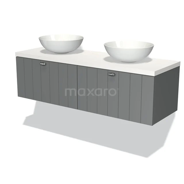 Grauer hängender Badschrank mit doppeltem Aufsatzwaschbecken, Holzoptik Fronten und einer weißen Platte, ideal für moderne Bäder.