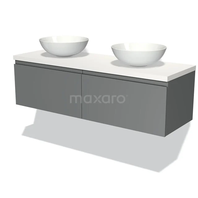 Graues schwebendes Badmöbel mit doppelten Aufsatzwaschbecken, weißer Oberseite und klarem Design, ideal für moderne Bäder.