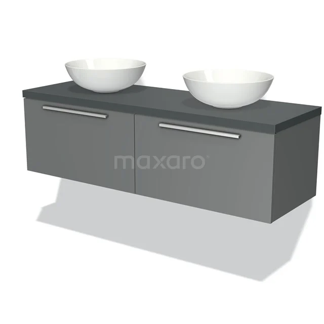 Grauer schwebender Badschrank mit Doppelwaschbecken, modernes Design, glatte Oberfläche und geräumige Schubladen.