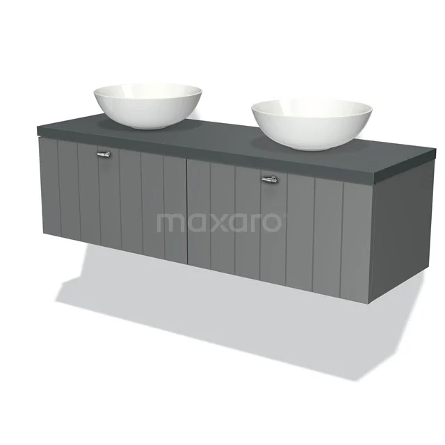 Grauer hängender Badschrank mit Holzmaserung, Doppelwaschbecken, keramischen Schalen und modernem Finish.