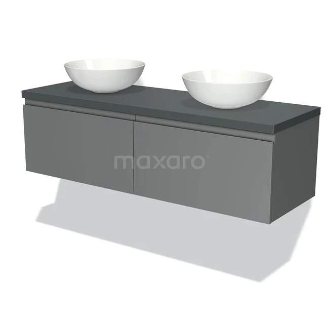 Badmöbel für Aufsatzwaschbecken 140cm Modulo Plato Mittelgrau 2 Schubladen Grifflos Dunkelgrau Platte BMK12-00567 Graues Doppelwaschbeckenmöbel mit zwei keramischen Aufsatzwaschbecken, modernes Design und schwebend für eine stilvolle Badezimmergestaltung.