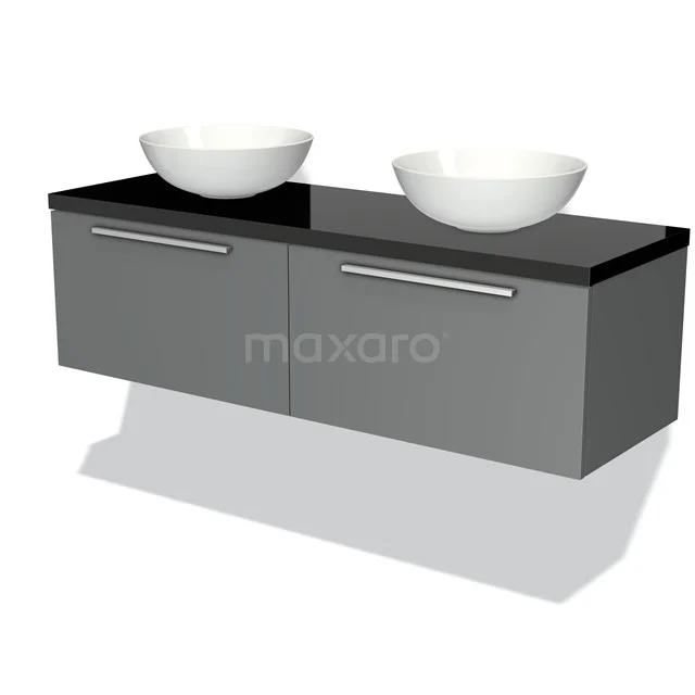 Graue Badmöbelset mit schwarzer Oberseite und zwei weißen Aufsatzwaschbecken, modernes Design, ideal für stilvolle Bäder.