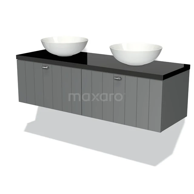 Badmöbel für Waschtischunterschrank mit Konsole 140cm Modulo Plato Mittelgrau 2 Schubladen Lamelle Hochglanz Schwarz Platte BMK12-00569 Graues Doppelwaschtischmöbel mit schwarzer Platte und weißen runden Aufsatzwaschbecken, modernes Design für stilvolle Bäder.