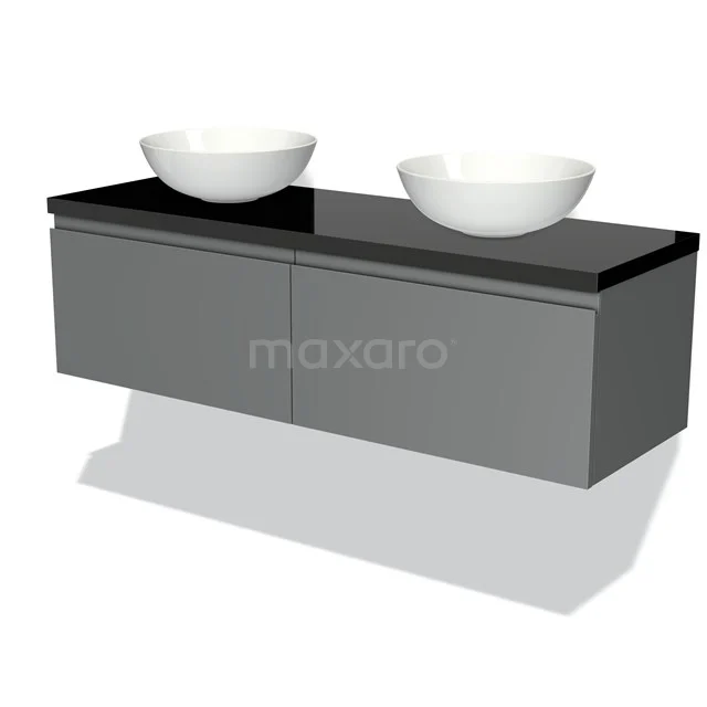 Modulo Plato Badmöbel mit Aufsatzwaschbecken | 140 cm Mittelgrau Grifflos front Hochglanz Schwarz blatt 2 nebeneinanderliegende Schubladen BMK12-00570 Graues Doppelwaschbeckenmöbel mit schwarzer Glasplatte und weißen Aufsatzbecken, ideal für ein modernes Badezimmer.