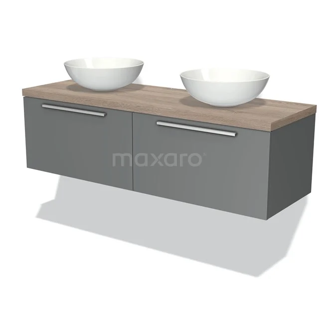 Graue Badmöbelset mit Holzplatte, zwei weißen Aufsatzwaschbecken und verchromten Haltegriffen, modernes Design.