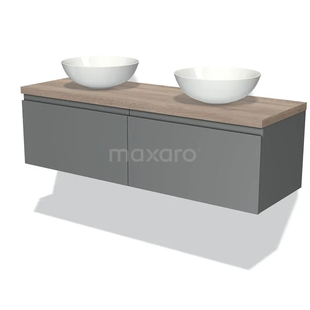 Modulo Plato Badmöbel mit Aufsatzwaschbecken | 140 cm Mittelgrau Grifflos front Eiche blatt 2 nebeneinanderliegende Schubladen BMK12-00573 Grauer schwebender Badschrank mit Holzplatte und Doppelwaschbecken, modernes Design für stilvolle Bäder.