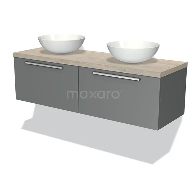 Modulo Plato Badmöbel mit Aufsatzwaschbecken | 140 cm Mittelgrau Flach front Hellgraue Eiche blatt 2 nebeneinanderliegende Schubladen BMK12-00574 Graue Holz-Badmöbel mit Doppelwaschbecken, modernes Design, ideal für stilvolle Badezimmergestaltung.