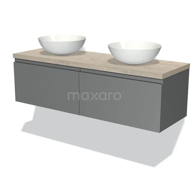 Modulo Plato Badmöbel mit Aufsatzwaschbecken | 140 cm Mittelgrau Grifflos front Hellgraue Eiche blatt 2 nebeneinanderliegende Schubladen BMK12-00576 Badmöbel mit grauem Schublade, Holzplatte und zwei weißen Aufsatzwaschbecken, modernes Design.