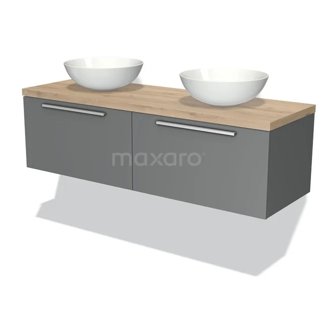 Graue Badmöbelset mit Holzplatte, zwei weißen Aufsatzwaschbecken und schlichten Haltegriffen, ideal für modernen Badezimmerstil.