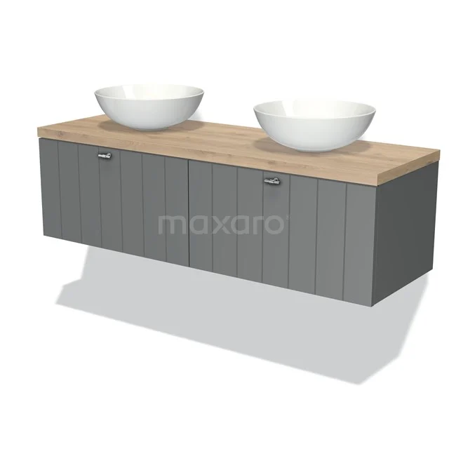 Modulo Plato Badmöbel mit Aufsatzwaschbecken | 140 cm Mittelgrau Lamelle front Hellbraune Eiche blatt 2 nebeneinanderliegende Schubladen BMK12-00578 Grauer hängender Badschrank mit Holzplatte, Doppelwaschbecken und modernen Paneelen, ideal für stilvolle Badezimmerlagerung.