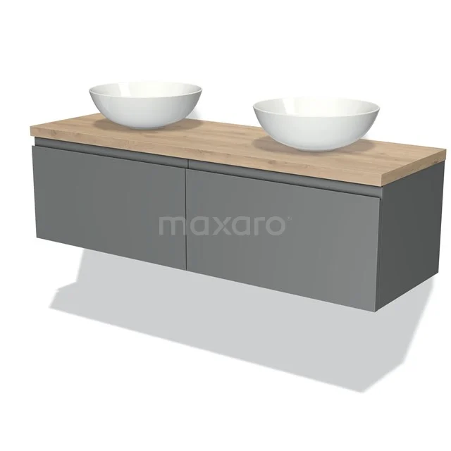 Grauer schwebender Badschrank mit Holzplatte und zwei weißen Aufsatzwaschbecken, ideal für eine moderne Badezimmergestaltung.