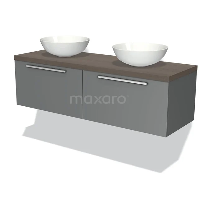 Grey bathroom unit with dark wood worktop, double basins with chrome handles; modern design for bathroom storage.