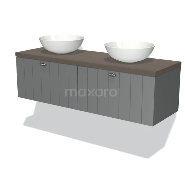 Graues Holz-Badmöbel mit doppeltem Aufsatzwaschbecken und Regal, modernes Design für eine stilvolle Badezimmergestaltung.