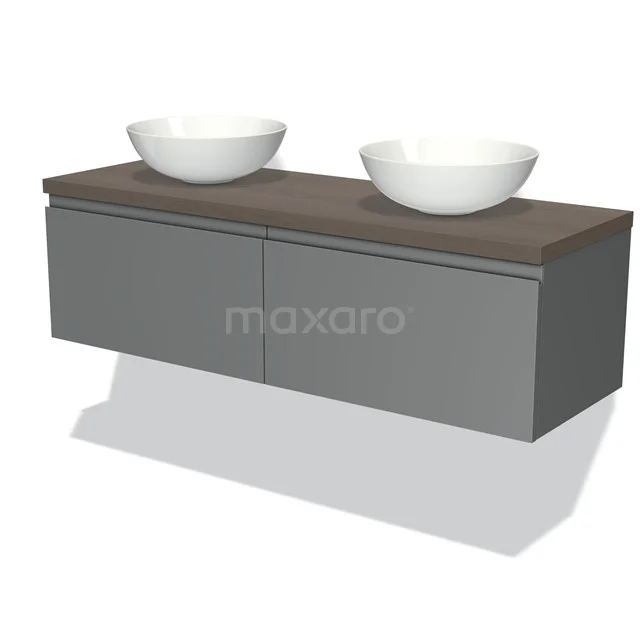 Badmöbel für Aufsatzwaschbecken 140cm Modulo Plato Mittelgrau 2 Schubladen Grifflos dunkelbraune Eiche Platte BMK12-00585 Graues hängendes Badezimmermöbel mit Holzplatte, zwei weißen Aufsatzwaschbecken und schickem Design für ein modernes Badezimmer.