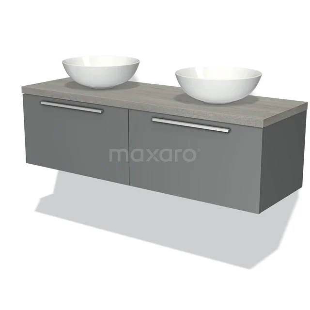 Grau hängendes Badezimmermöbel mit doppeltem Aufsatzwaschbecken, modernes Design, klare Verarbeitung und metallischen Haltegriffen.