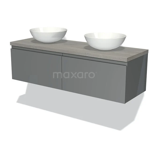 Graues schwebendes Badmöbel mit Betonlook und zwei weißen Aufsatzwaschbecken, ideal für eine moderne Badezimmer Einrichtung.