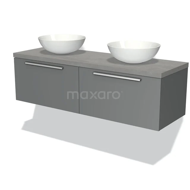 Badmöbel für Aufsatzwaschbecken 140cm Modulo Plato Mittelgrau 2 Schubladen Flach Hellgrauer Beton Platte BMK12-00589 Graue Badmöbelset mit 2 Waschbecken, modernes Design und matte Oberfläche, ideal für ein stilvolles Badezimmer.