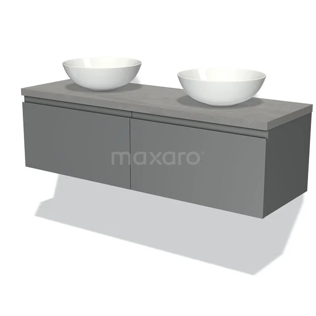 Graues modernes Badmöbel mit doppeltem Aufsatzwaschbecken, schwebendem Design und klaren Linien, ideal für einen stilvollen Badezimmerraum.