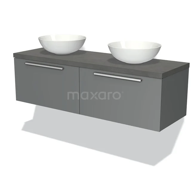 Grauer schwebender Badschrank mit Doppelwaschbecken, moderne Ausführung, weiße Keramikkämme, ideal für zeitgemäße Bäder.