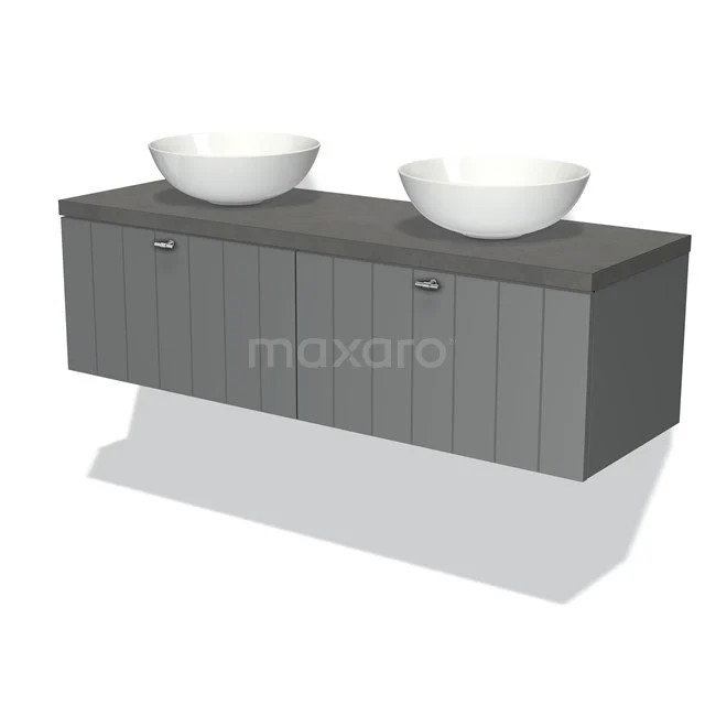 Modulo Plato Badmöbel mit Aufsatzwaschbecken | 140 cm Mittelgrau Lamelle front Dunkelgrauer Beton blatt 2 nebeneinanderliegende Schubladen BMK12-00593 Graue schwebende Badmöbelset mit Holzoptik und zwei weißen runden Waschbecken, ideal für einen modernen Badezimmerstil.