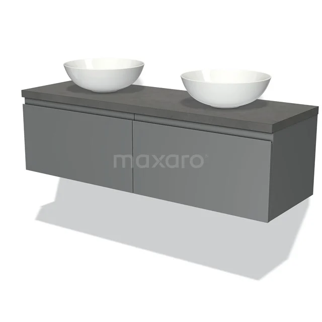 Graues schwebendes Badezimmermöbel mit doppeltem Aufsatzwaschbecken, modernes Design und nachhaltigen Materialien.