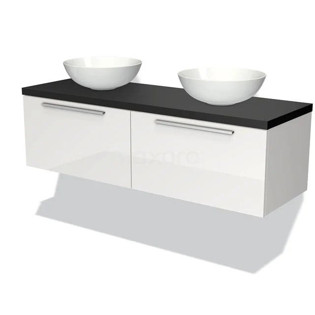 Waschtischunterschrank mit Konsole 140cm Modulo Plato Hochglanz Weiß 2 Schubladen Flach Matt Schwarz Platte BMK12-00595 Weiße, moderne Badmöbelset mit doppelter schwarzer Waschtischplatte und keramischen Aufsatzwaschbecken, geeignet für stilvolle Bäder.