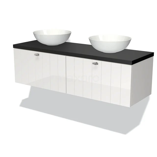 White suspended bathroom unit with black worktop, double countertop wash basins, sleek modern design and softclose doors.