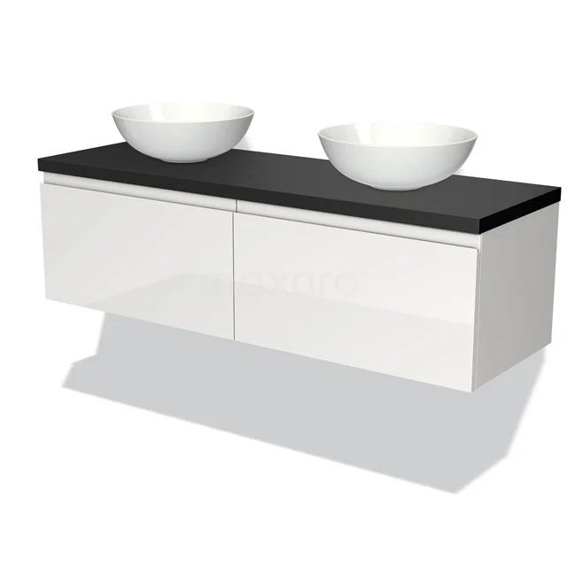 Badmöbel für Aufsatzwaschbecken 140cm Modulo Plato Hochglanz Weiß 2 Schubladen Grifflos Matt Schwarz Platte BMK12-00597 Weißes Badmöbel mit schwarzer Platte und doppelten runden Aufsatzwaschbecken, straff modernes Design für stilvolle Bäder.