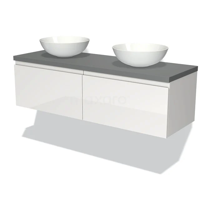Weißes Badmöbel mit grauer Platte, zwei runden Waschbecken und Softclose Schubladen. Perfekt für einen modernen Badezimmerstil.