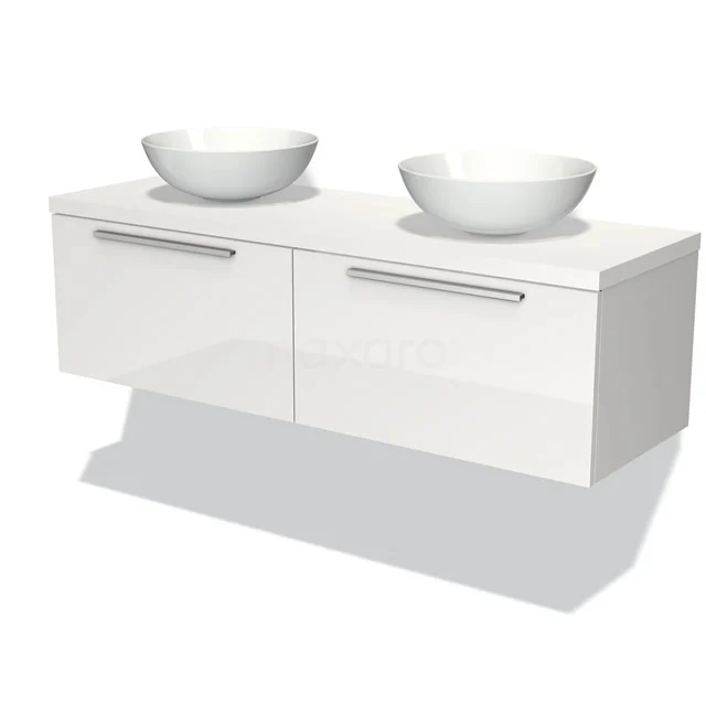 Weiße schwebende Badschrank mit zwei Aufsatzwaschbecken, glänzender Oberfläche und eleganten silbernen Haltegriffen.