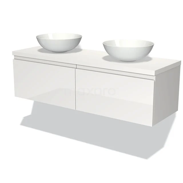 Weißes schwebendes Badmöbel mit doppeltem Aufsatzwaschbecken, schlankem Design und glatten Fronten für einen modernen Badezimmerstil.