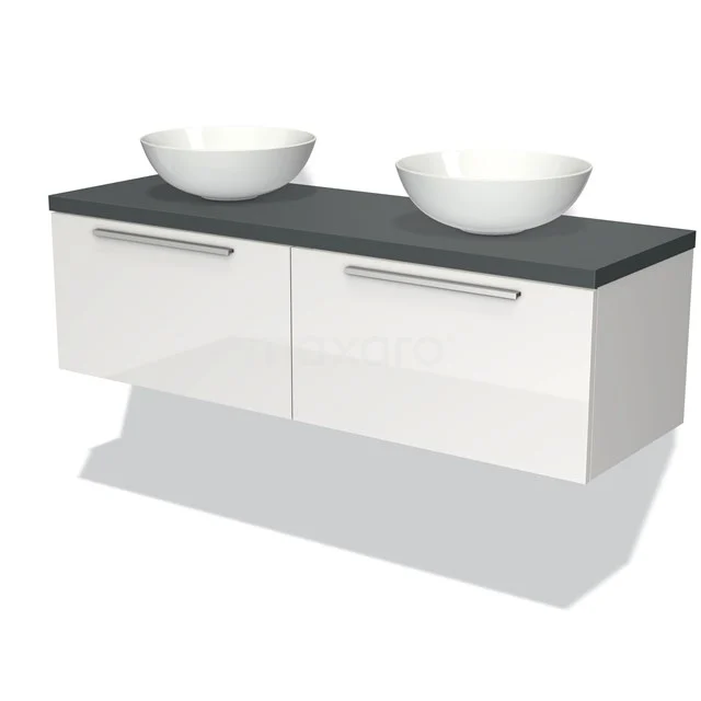 Badmöbel für Waschtischunterschrank mit Konsole 140cm Modulo Plato Hochglanz Weiß 2 Schubladen Flach Dunkelgrau Platte BMK12-00604 Weißes hängendes Badmöbel mit zwei Aufsatzwaschbecken, schwarzer Holzplatte und integrierten Haltegriffen.