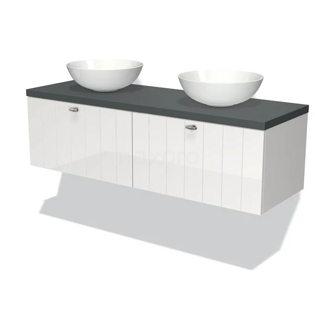 White suspended bathroom unit with two countertop wash basins, stone-like worktop and modern strip finish for stylish bathrooms.