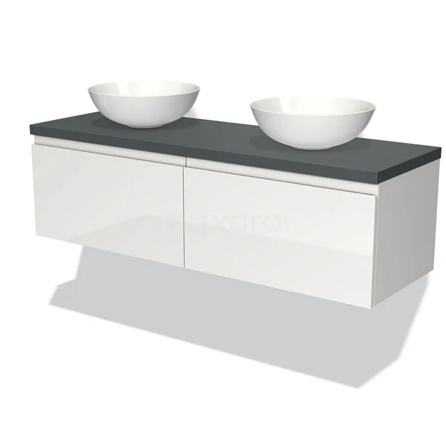 Modulo Plato Badmöbel mit Aufsatzwaschbecken | 140 cm Hochglanz Weiß Grifflos front Dunkelgrau blatt 2 nebeneinanderliegende Schubladen BMK12-00606 Weißes Badmöbel mit zwei runden Waschbecken, schwarzer Platte, modernes Design, Wandmontage, ideal für stilvolle Badezimmergestaltung.