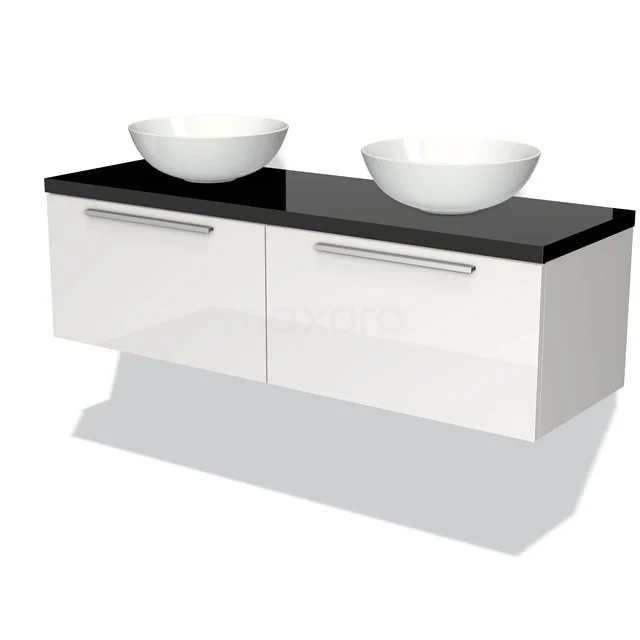 Weißes schwebendes Badmöbel mit schwarzer Waschtischplatte und doppelten runden Aufsatzwaschbecken, schlankes Design und glänzende Oberfläche.