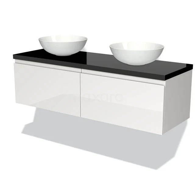 White floating bathroom unit with black worktop and double round basins, modern design ideal for spacious bathrooms.
