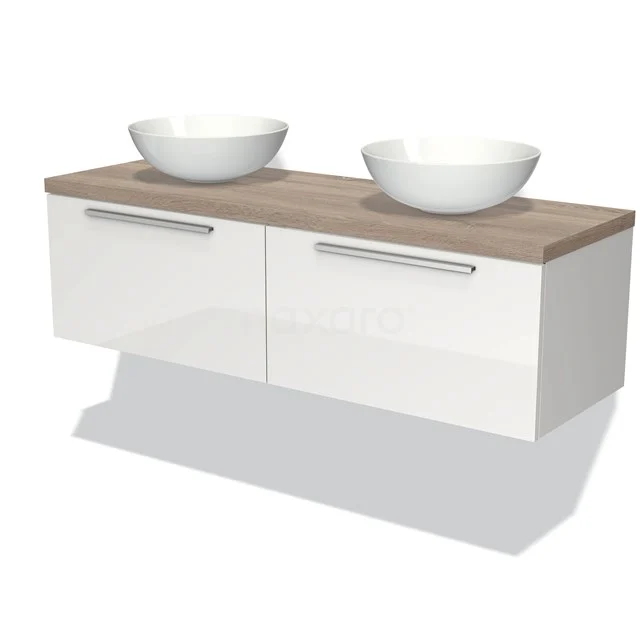 Waschtischunterschrank mit Konsole 140cm Modulo Plato Hochglanz Weiß 2 Schubladen Flache Platte aus Eiche BMK12-00610 Weißes hängendes Badezimmermöbel mit Holzlook Waschtischplatte, doppelten Aufsatzwaschbecken und Chromgriffen, stilvolles und modernes Design.