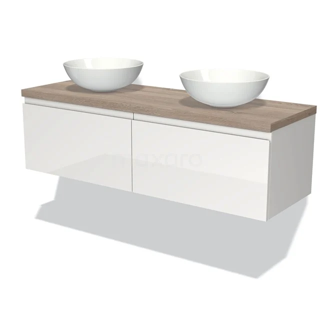Modulo Plato Vanity units for countertop basin | 140 cm High-gloss white Handle-less front Oak worktop 2 Side-by-side drawers BMK12-00612