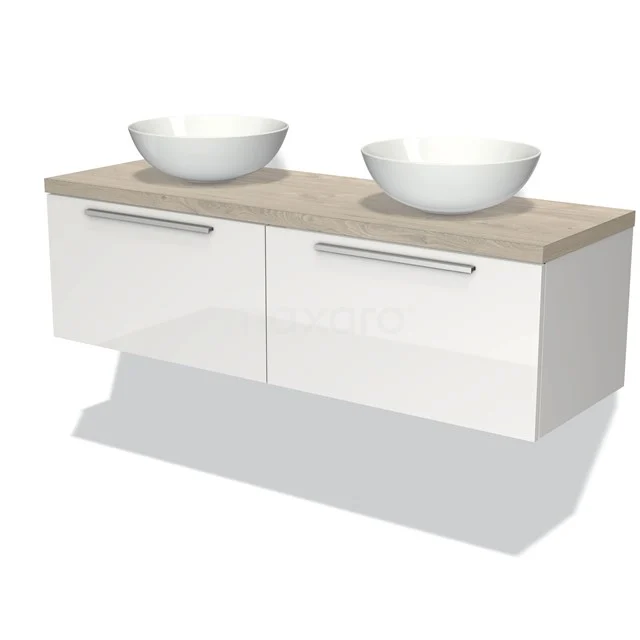 Wandhängendes Badezimmermöbel, weiß hochglanz mit Holzplatte und runden keramischen Aufsatzwaschbecken, moderne Doppelwaschbecken.