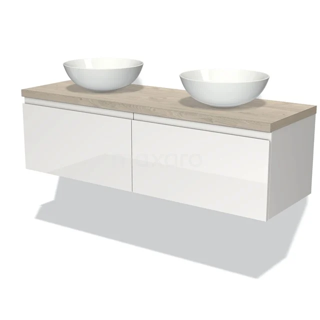 Weißes schwebendes Badmöbel mit Holzoptik Platte und zwei runden Waschbecken, ideal für moderne Badezimmergestaltung.