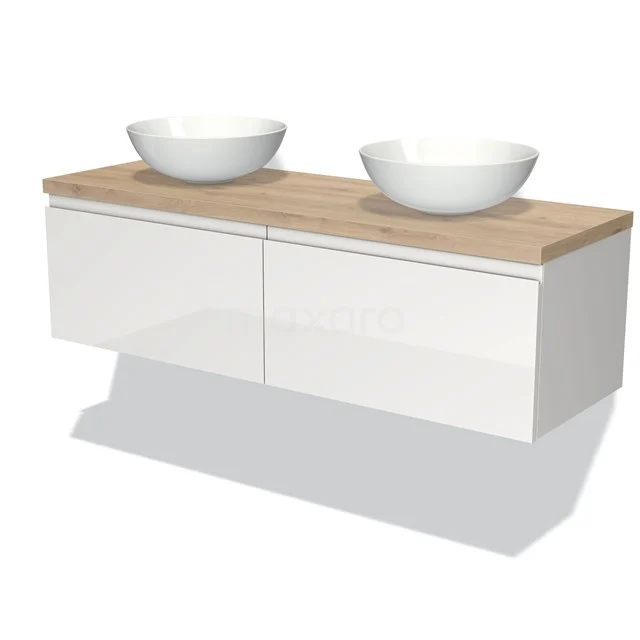 Weißes schwebendes Badmöbel mit doppeltem Aufsatzwaschbecken und Holzplatte, modernes Design passend für jeden Badezimmerstil.