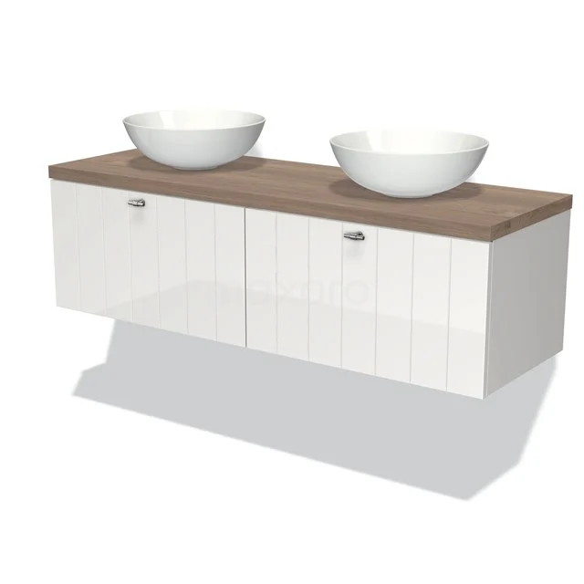 Double basin with wood-look worktop and white textured drawers; modern bathroom unit for stylish bathrooms.