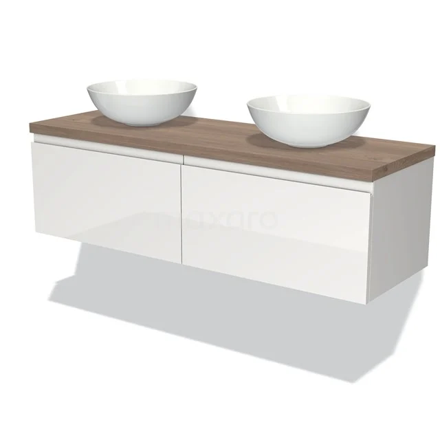Modulo Plato Vanity units for countertop basin | 140 cm High-gloss white Handle-less front Mid brown oak worktop 2 Side-by-side drawers BMK12-00621