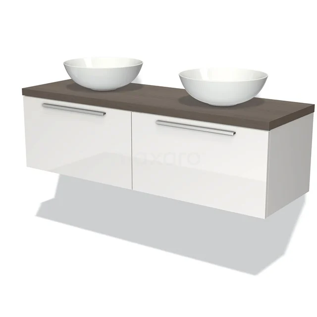 White vanity units with double basin, floating design, wooden worktop and modern handles for stylish bathroom design.