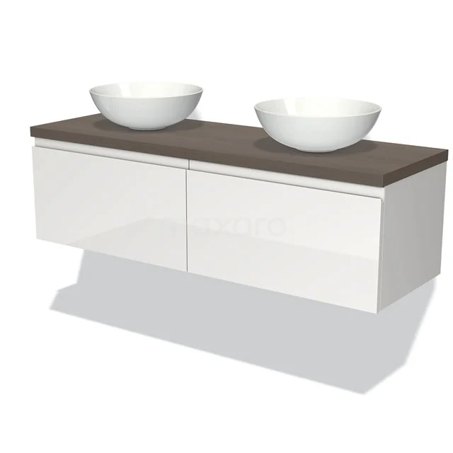 Weißes hängendes Badmöbel mit Holzlook Platte und zwei runden Aufsatzwaschbecken, modernes Design für ein stilvolles Badezimmer.